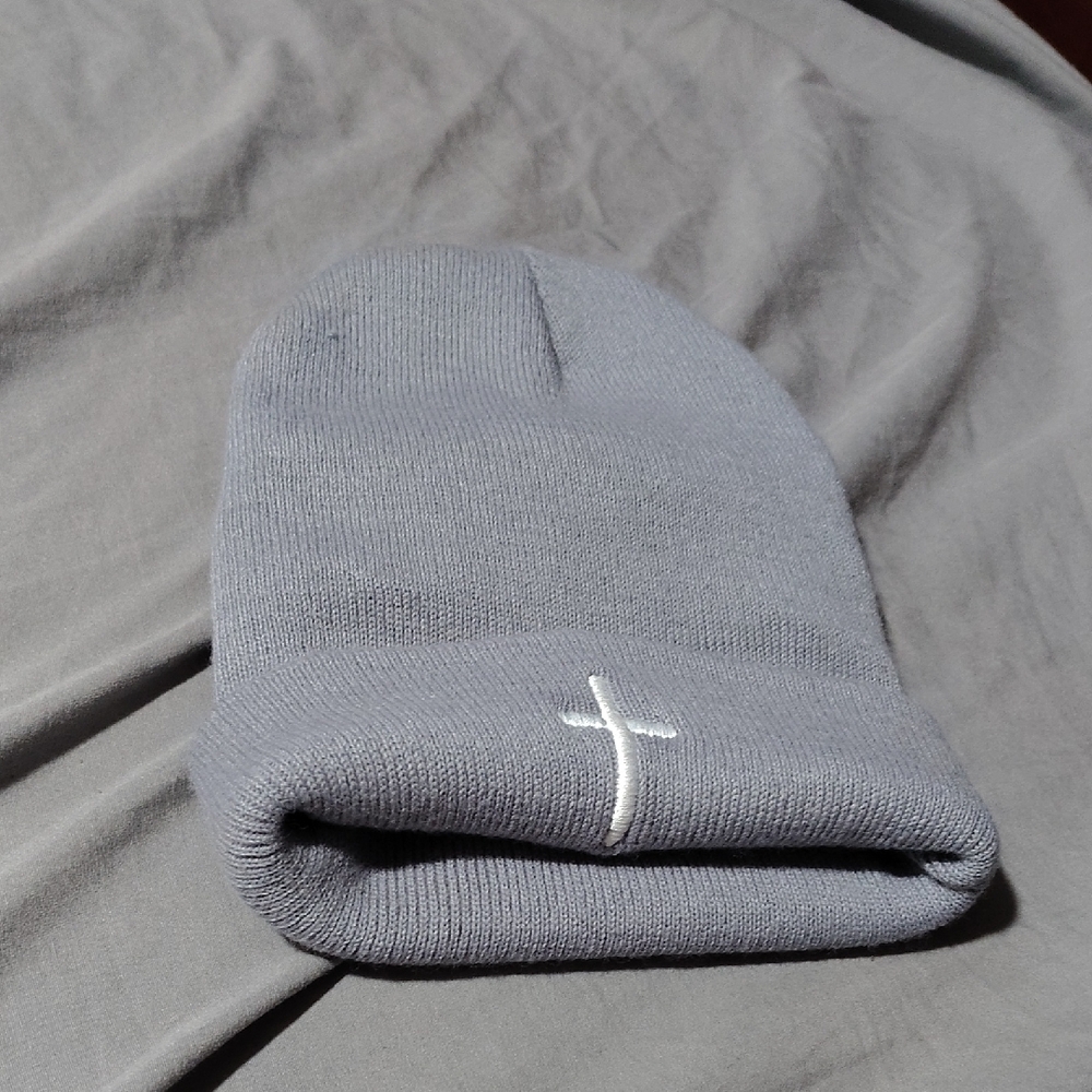 Gray Beanie with Cross Embroidery